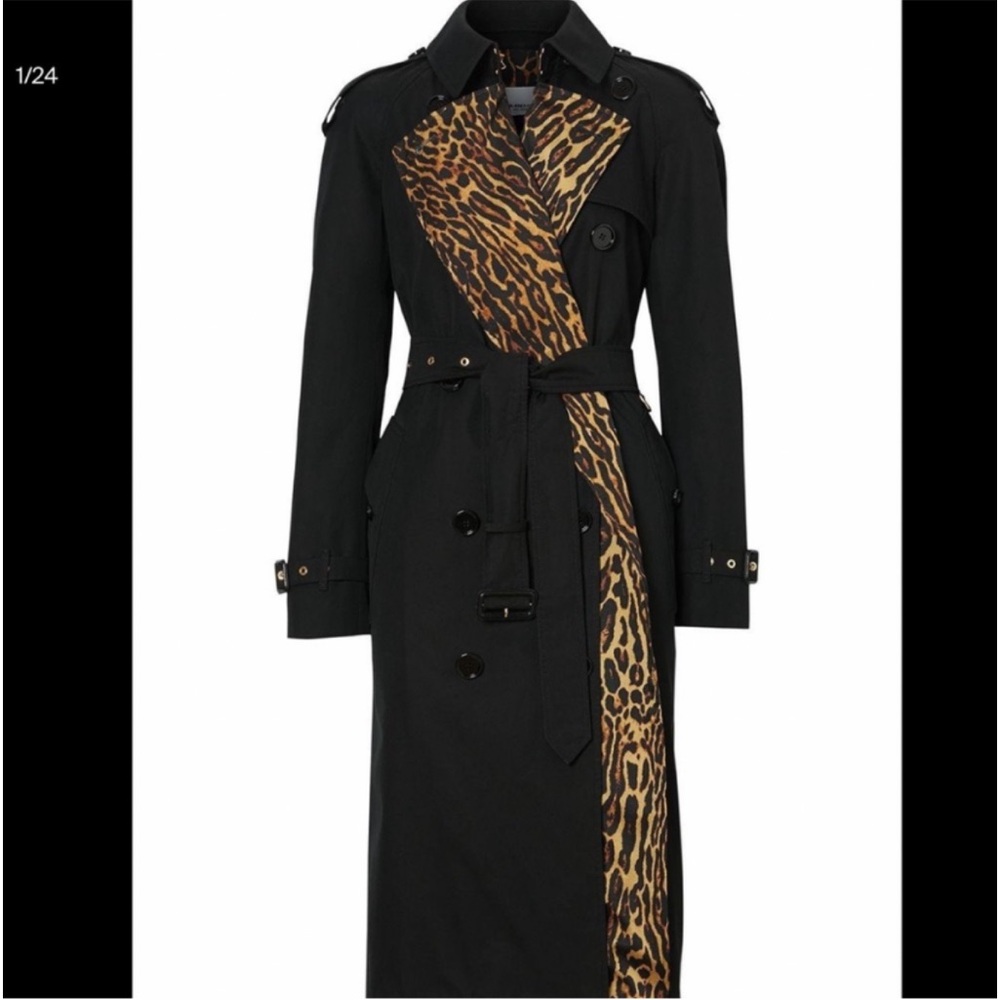 BURBERRY BRIDSTOW BLACK GABARDINE COTTON TRENCH COAT LEOPARD PRINTED LINING US 4